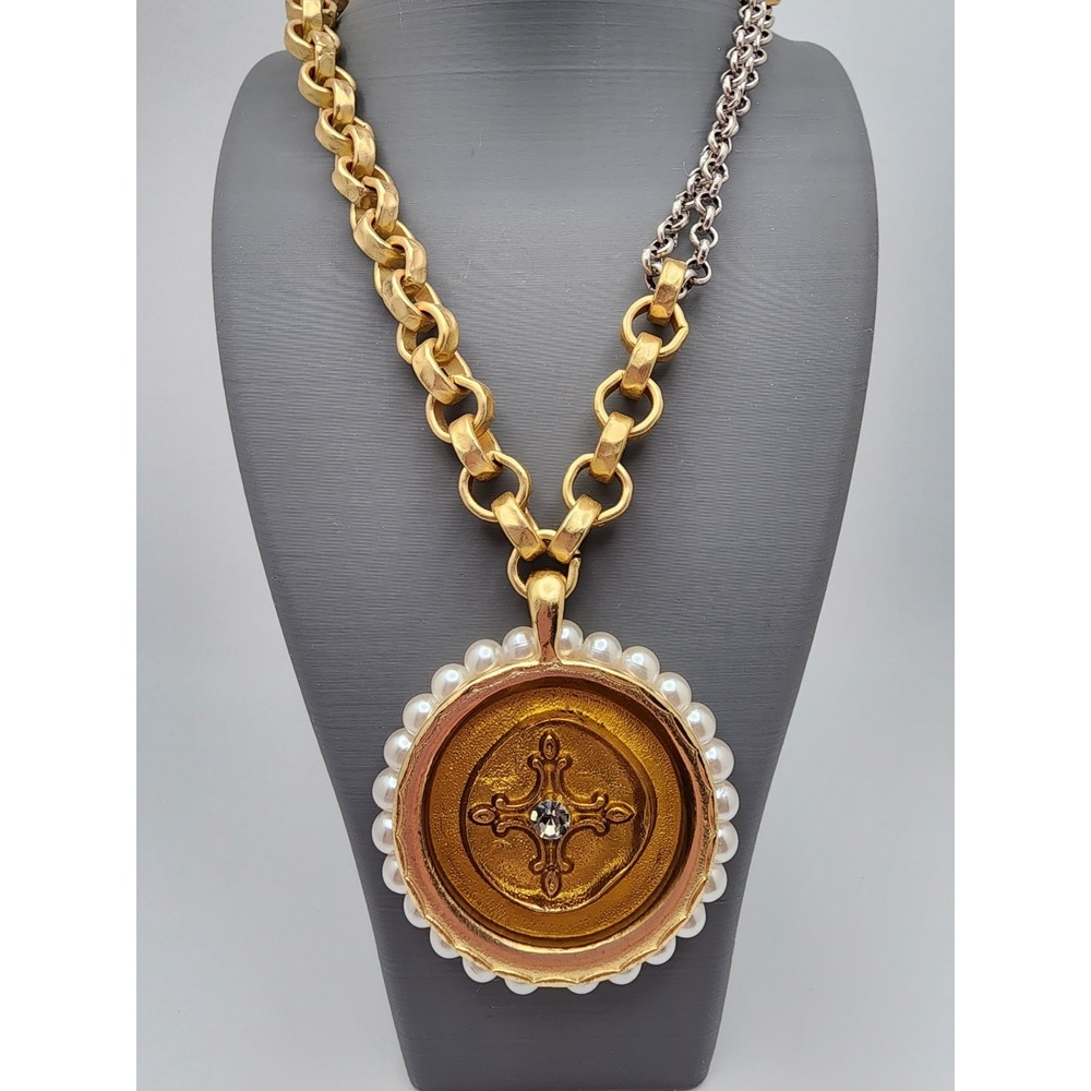 Chico's Gold & Silver Tone Faux Pearl Medallion Cross Pendant Statement Necklace - Picture 4 of 10